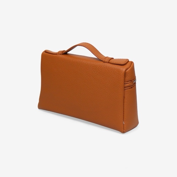 Loro Top Handle Extra Pocket Small Pouch Handbag, Camel Grained Faux Leather - Picture 3 of 3